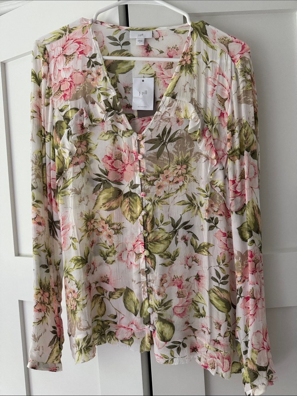 J. Jill Floral Button-Front Blouse in Cream, Pink & Green